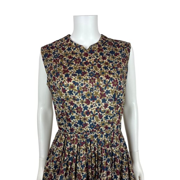 Vintage 60s Floral Dress Womens Medium Dark Groovy Print Sleeveless Fit & Flare - Picture 4 of 12